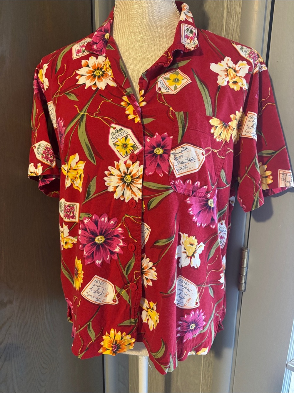 Vintage Erika 90s Floral Seeds Cotton Rayon Button Up Shirt Short Sleeve Retro